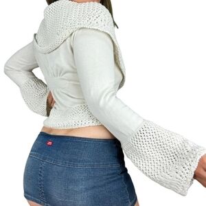 Lucky Brand Y2K Vintage Bell Sleeve Knit Crochet Beige Cropped Sweater Sz-S Rare